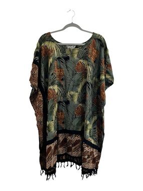 B.O.P Women’s Jungle Leopard Print Caftan Poncho Top 4X Beaded Rayon Boho